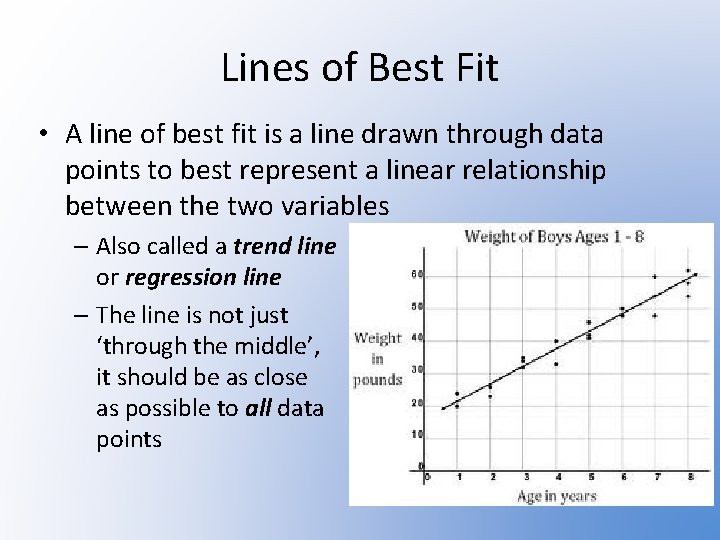 Lines of Best Fit • A line of best fit is a line drawn