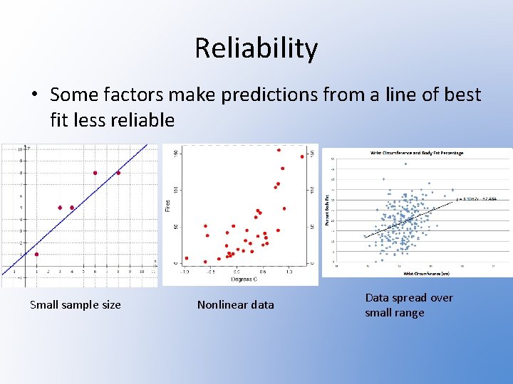 Reliability • Some factors make predictions from a line of best fit less reliable