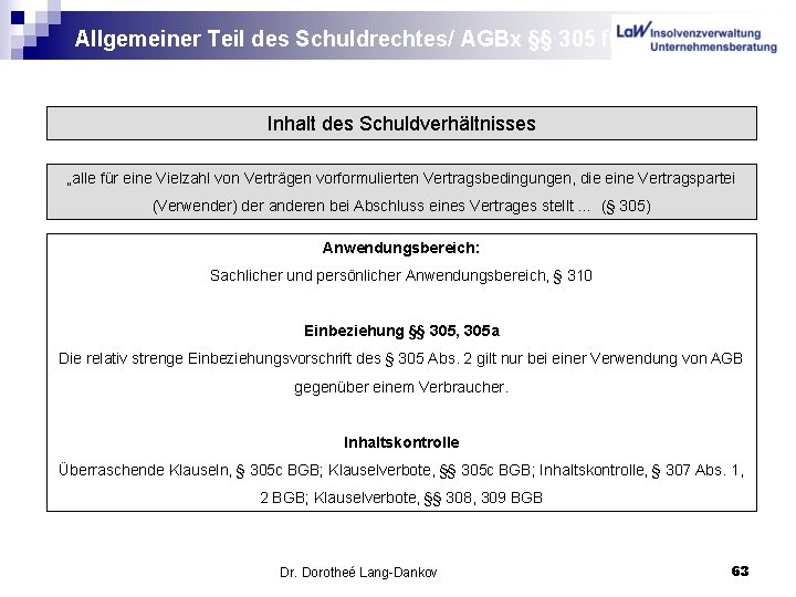 Allgemeiner Teil des Schuldrechtes/ AGBx §§ 305 ff. Inhalt des Schuldverhältnisses „alle für eine