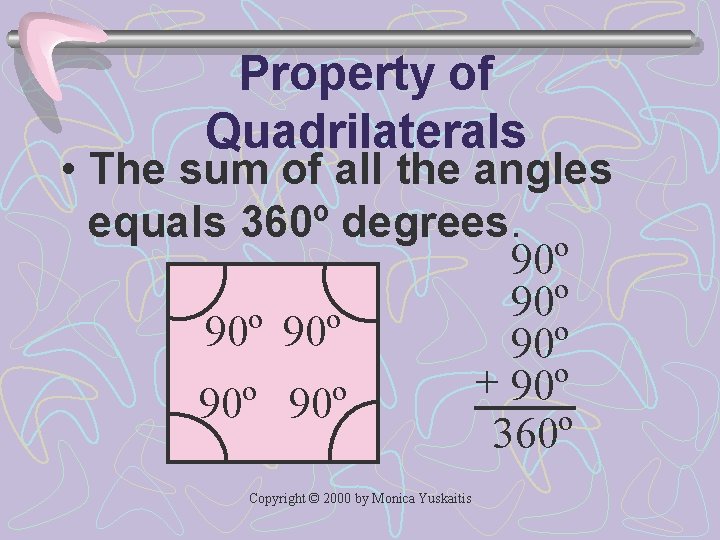 Property of Quadrilaterals • The sum of all the angles equals 360º degrees. 90º