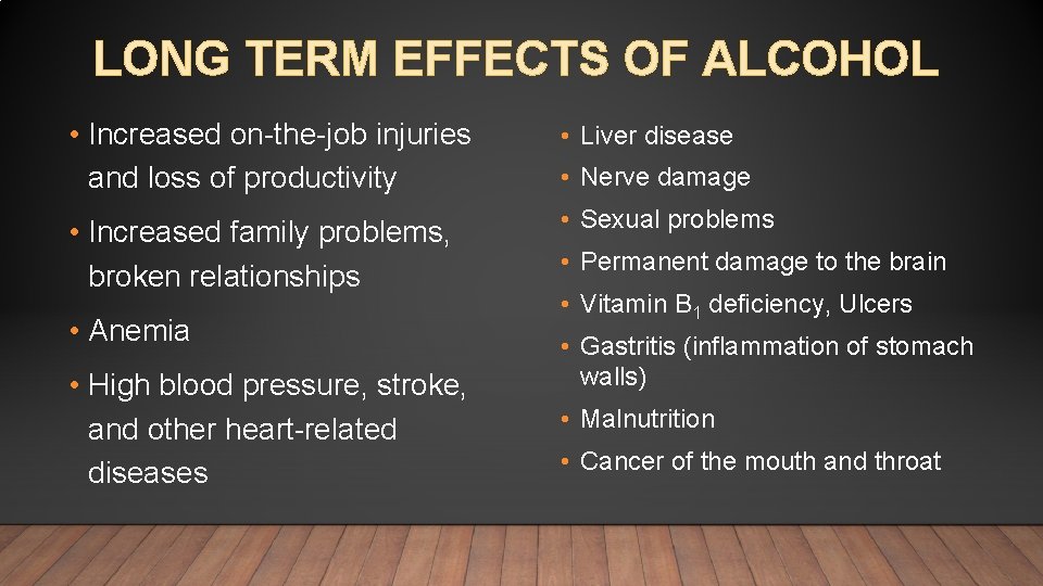 LONG TERM EFFECTS OF ALCOHOL • Increased on-the-job injuries and loss of productivity •