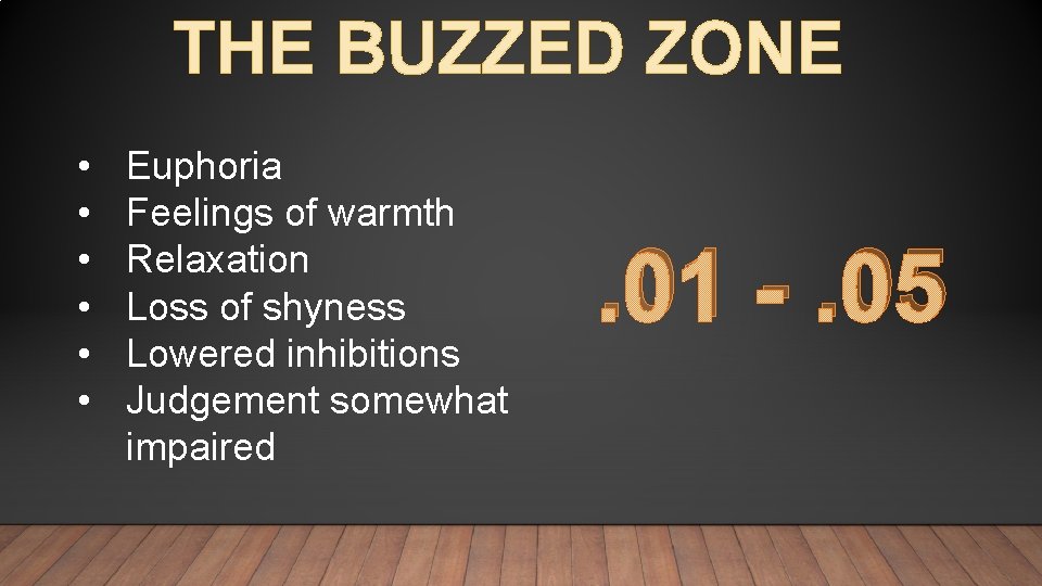 THE BUZZED ZONE • • • Euphoria Feelings of warmth Relaxation Loss of shyness