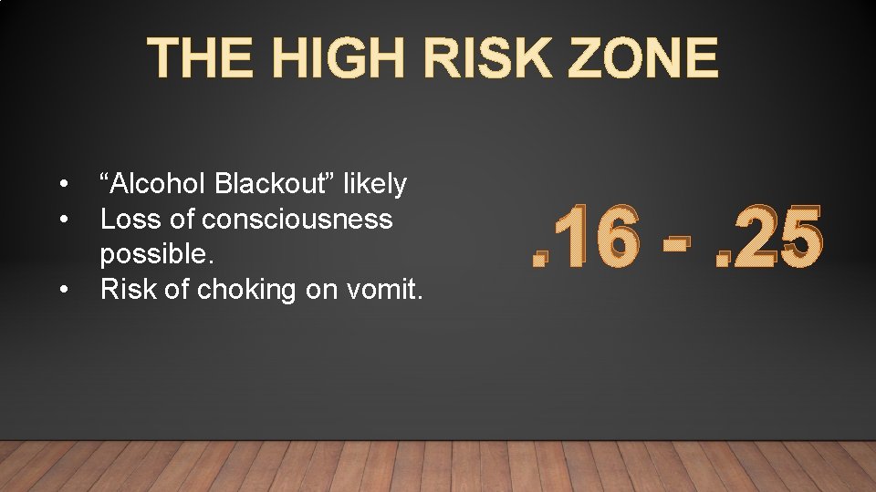 THE HIGH RISK ZONE • • • “Alcohol Blackout” likely Loss of consciousness possible.