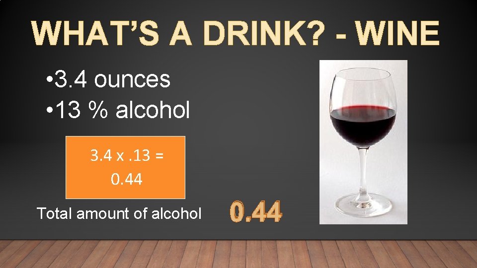 WHAT’S A DRINK? - WINE • 3. 4 ounces • 13 % alcohol 3.