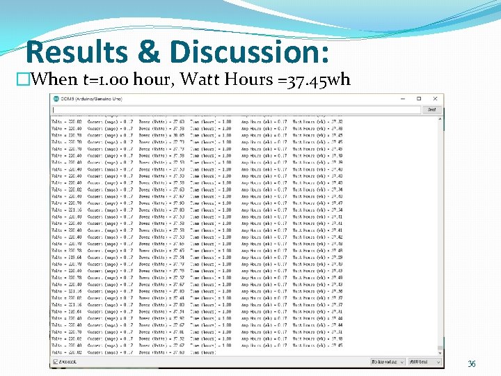Results & Discussion: �When t=1. 00 hour, Watt Hours =37. 45 wh 36 Results & Discussion: �When t=1. 00 hour, Watt Hours =37. 45 wh 36