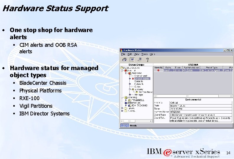 Hardware Status Support • One stop shop for hardware alerts § CIM alerts and
