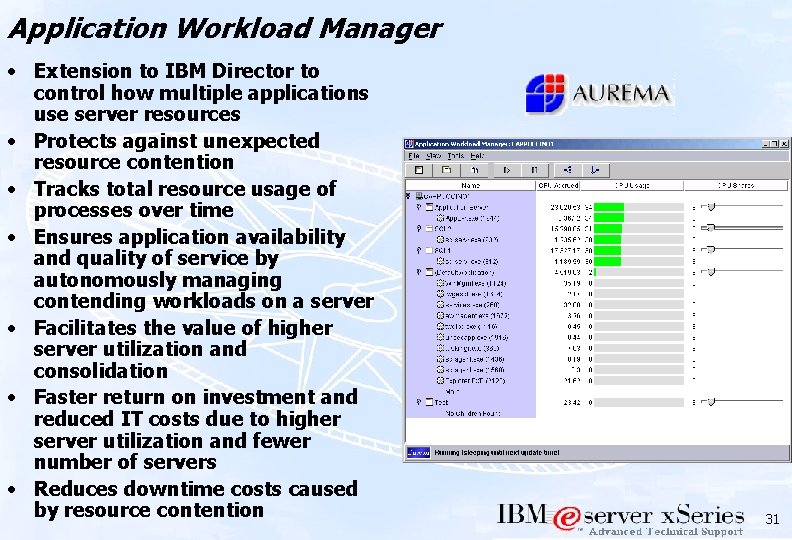 Application Workload Manager • Extension to IBM Director to control how multiple applications use