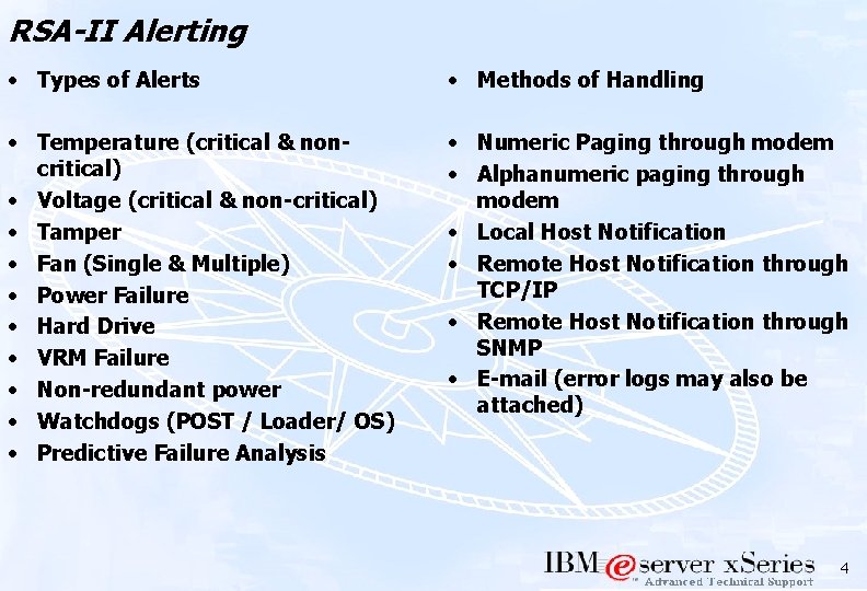 RSA-II Alerting • Types of Alerts • Methods of Handling • Temperature (critical &