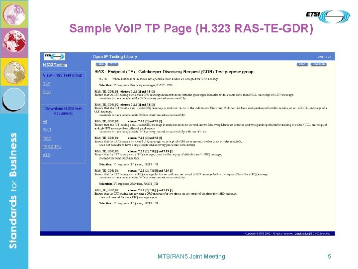 Sample Vo. IP TP Page (H. 323 RAS-TE-GDR) MTS/RAN 5 Joint Meeting 5 
