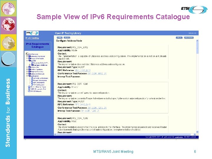Sample View of IPv 6 Requirements Catalogue MTS/RAN 5 Joint Meeting 6 
