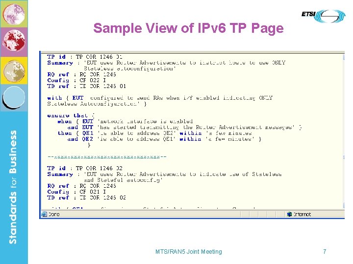 Sample View of IPv 6 TP Page MTS/RAN 5 Joint Meeting 7 
