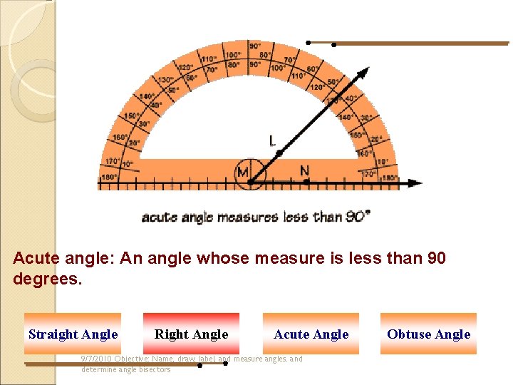 Acute angle: An angle whose measure is less than 90 degrees. Straight Angle Right Acute angle: An angle whose measure is less than 90 degrees. Straight Angle Right
