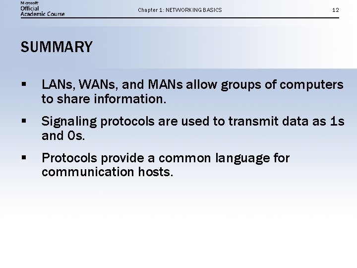 Chapter 1: NETWORKING BASICS 12 SUMMARY § LANs, WANs, and MANs allow groups of
