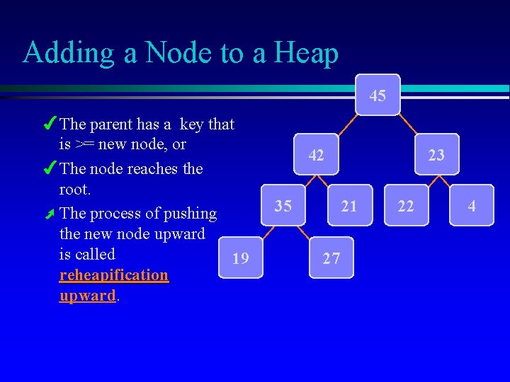 Adding a Node to a Heap 45 4 The parent has a key that