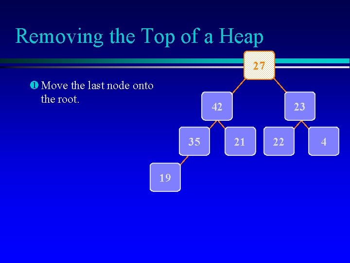 Removing the Top of a Heap 27 ¶ Move the last node onto the