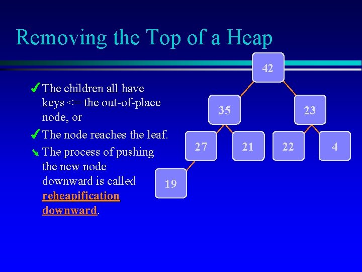 Removing the Top of a Heap 42 4 The children all have keys <=