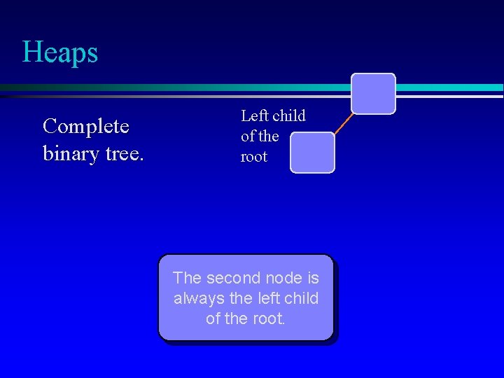 Heaps Complete binary tree. Left child of the root The second node is always