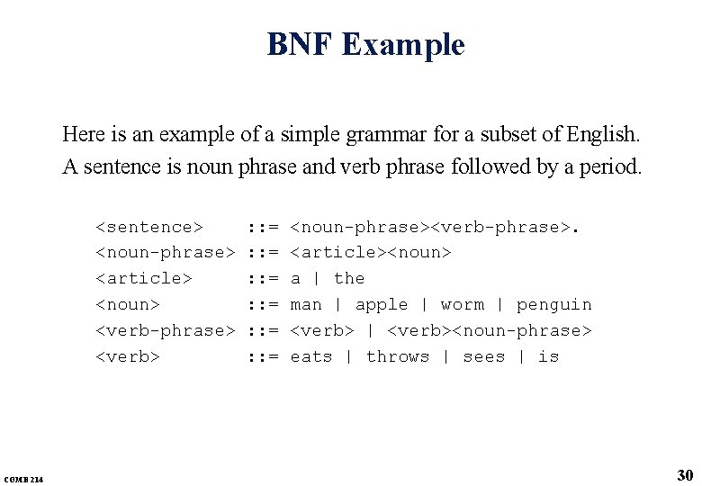 BNF Example Here is an example of a simple grammar for a subset of