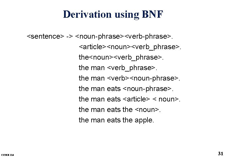 Derivation using BNF <sentence> -> <noun-phrase><verb-phrase>. <article><noun><verb_phrase>. the man <verb><noun-phrase>. the man eats <article>