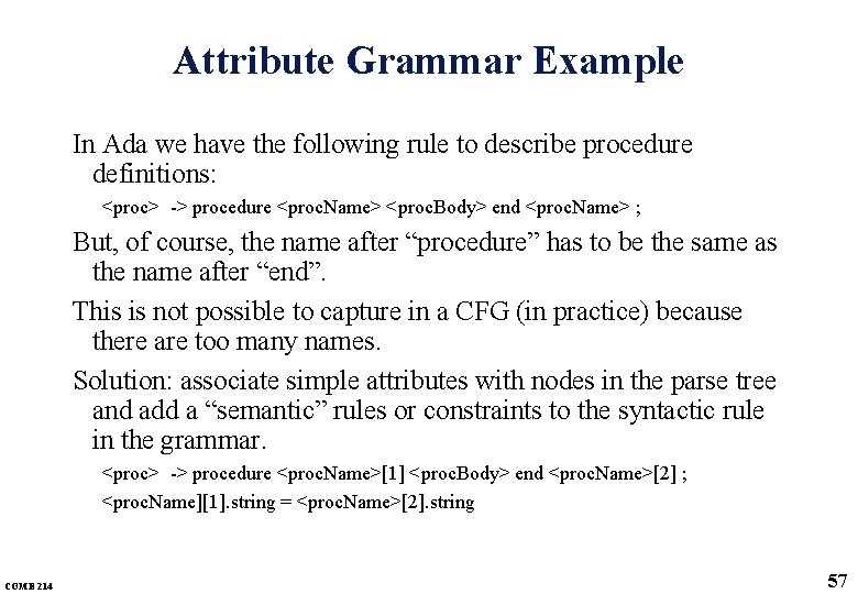 Attribute Grammar Example In Ada we have the following rule to describe procedure definitions: Attribute Grammar Example In Ada we have the following rule to describe procedure definitions: