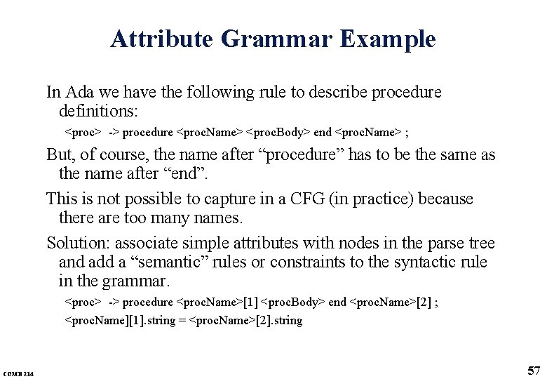 Attribute Grammar Example In Ada we have the following rule to describe procedure definitions: