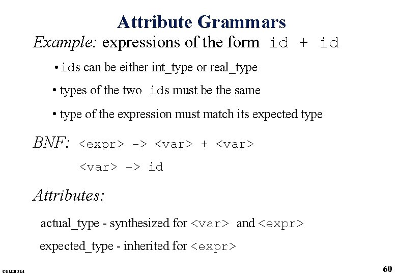 Attribute Grammars Example: expressions of the form id + id • ids can be Attribute Grammars Example: expressions of the form id + id • ids can be