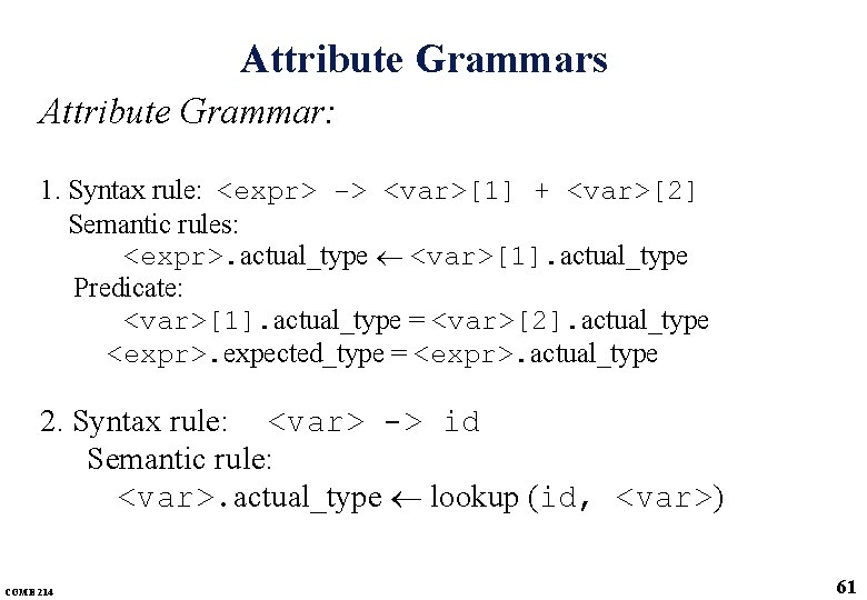 Attribute Grammars Attribute Grammar: 1. Syntax rule: <expr> -> <var>[1] + <var>[2] Semantic rules:
