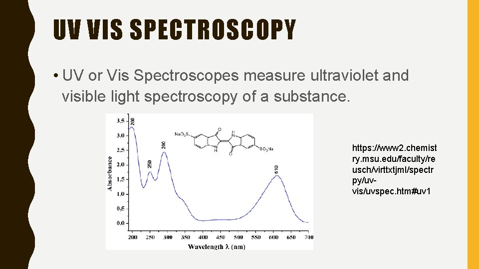UV VIS SPECTROSCOPY • UV or Vis Spectroscopes measure ultraviolet and visible light spectroscopy