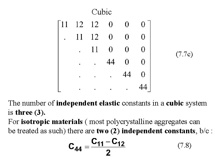 Cubic (7. 7 c) The number of independent elastic constants in a cubic system