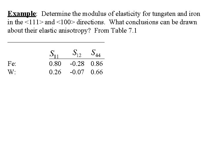 Example: Determine the modulus of elasticity for tungsten and iron in the <111> and