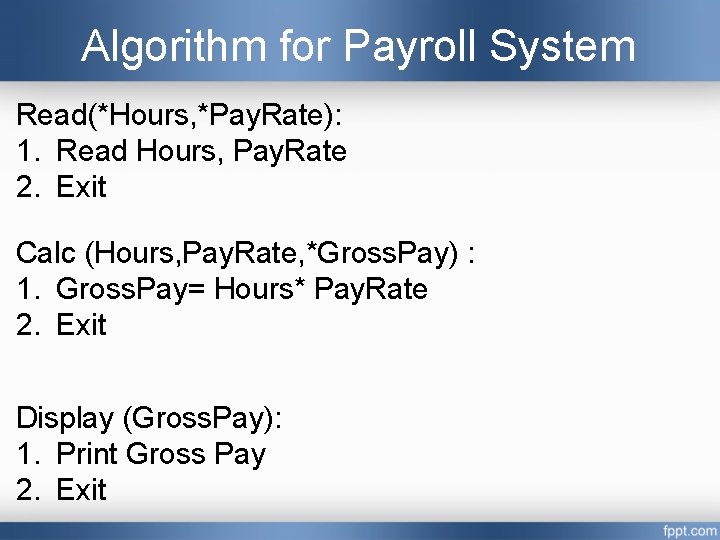 Algorithm for Payroll System Read(*Hours, *Pay. Rate): 1. Read Hours, Pay. Rate 2. Exit Algorithm for Payroll System Read(*Hours, *Pay. Rate): 1. Read Hours, Pay. Rate 2. Exit