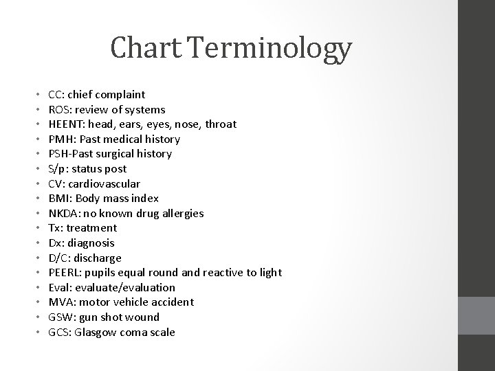 Chart Terminology • • • • • CC: chief complaint ROS: review of systems