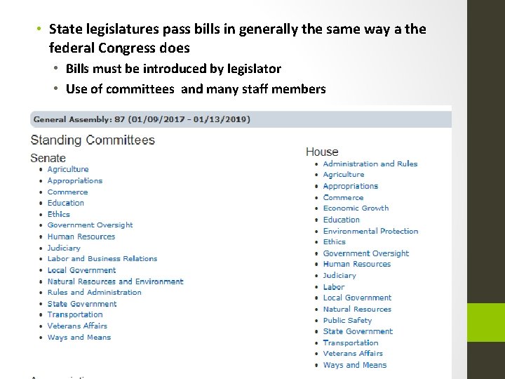  • State legislatures pass bills in generally the same way a the federal