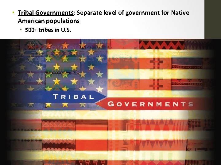  • Tribal Governments: Separate level of government for Native American populations • 500+