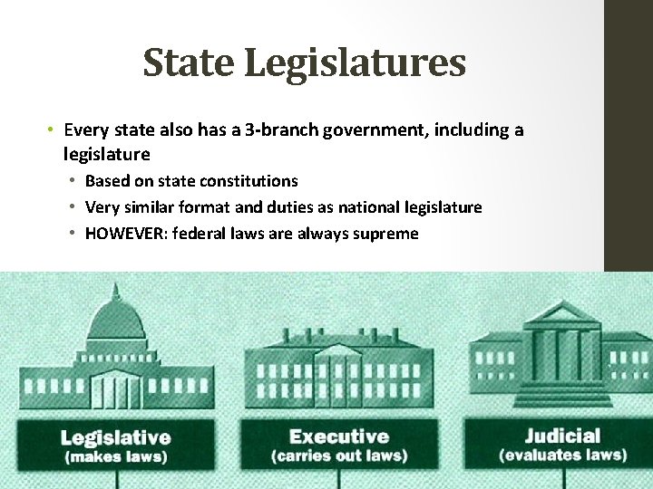 State Legislatures • Every state also has a 3 -branch government, including a legislature