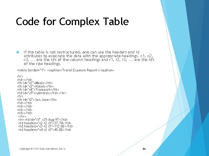 Code for Complex Table If the table is not restructured, one can use the