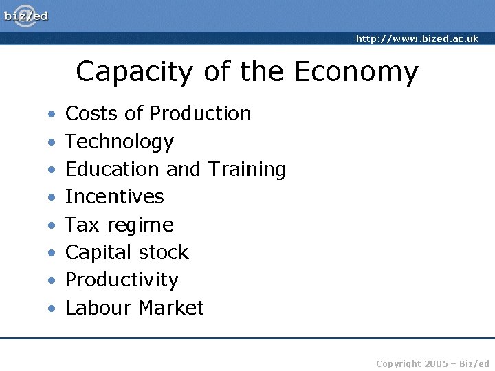 http: //www. bized. ac. uk Capacity of the Economy • • Costs of Production