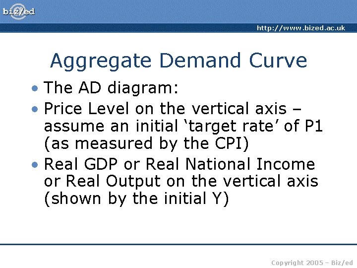 http: //www. bized. ac. uk Aggregate Demand Curve • The AD diagram: • Price