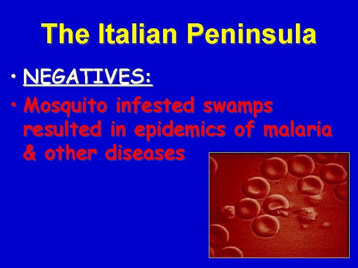 The Italian Peninsula • NEGATIVES: • Mosquito infested swamps resulted in epidemics of malaria