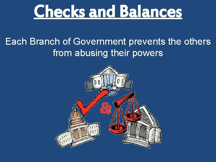 Checks and Balances Each Branch of Government prevents the others from abusing their powers