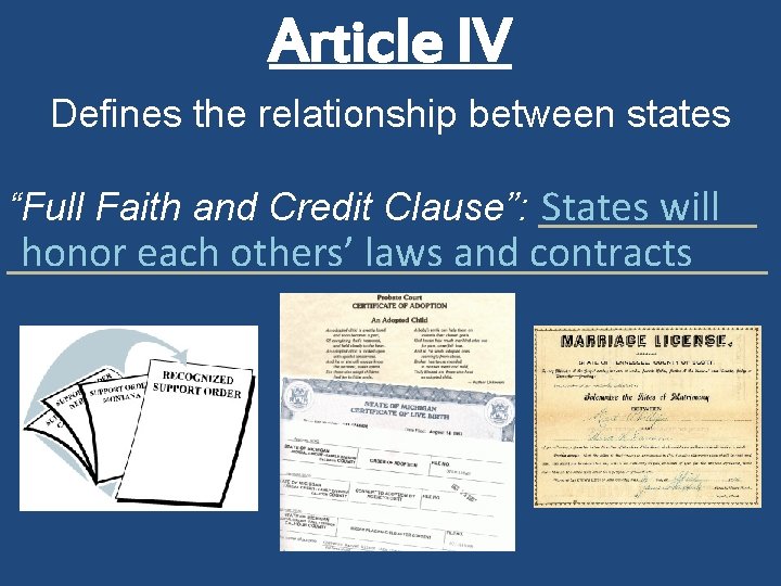 Article IV Defines the relationship between states “Full Faith and Credit Clause”: _____ States