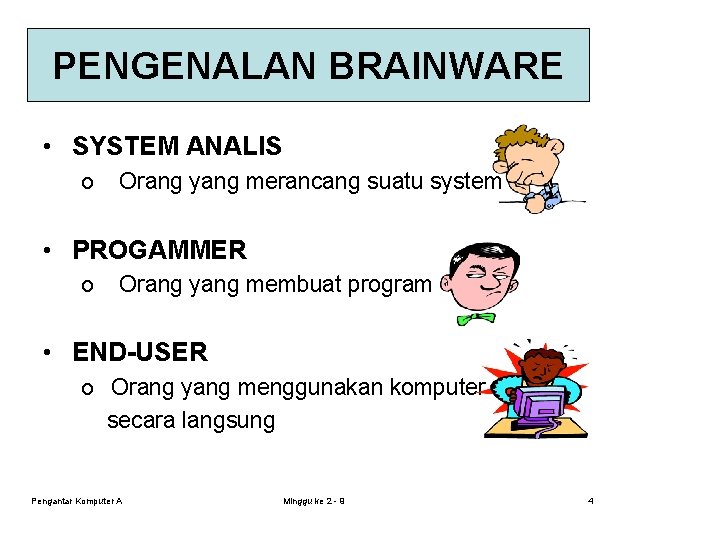 PENGENALAN BRAINWARE • SYSTEM ANALIS o Orang yang merancang suatu system • PROGAMMER o