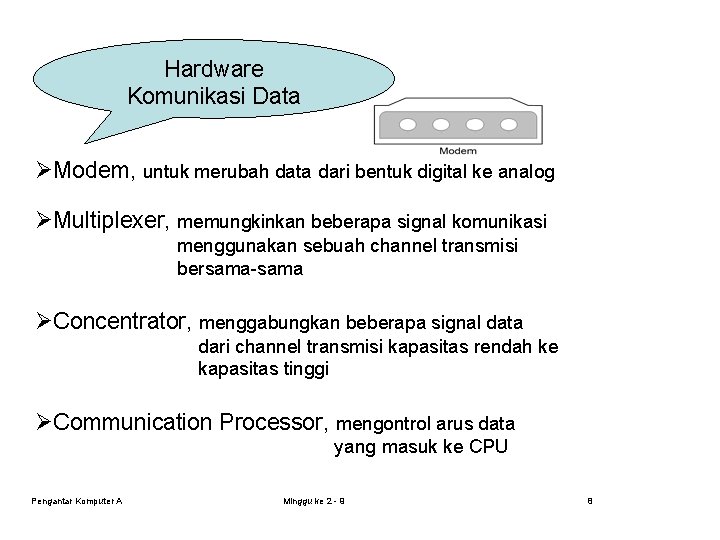 Hardware Komunikasi Data ØModem, untuk merubah data dari bentuk digital ke analog ØMultiplexer, memungkinkan