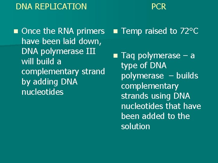 DNA REPLICATION n PCR Once the RNA primers n Temp raised to 72°C have