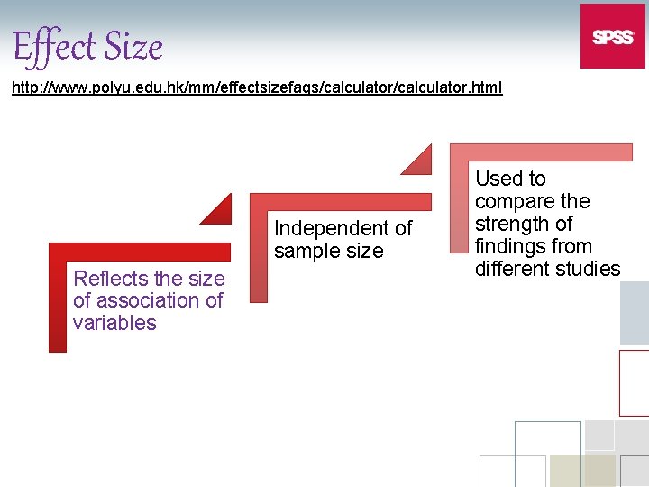 Effect Size http: //www. polyu. edu. hk/mm/effectsizefaqs/calculator. html Independent of sample size Reflects the