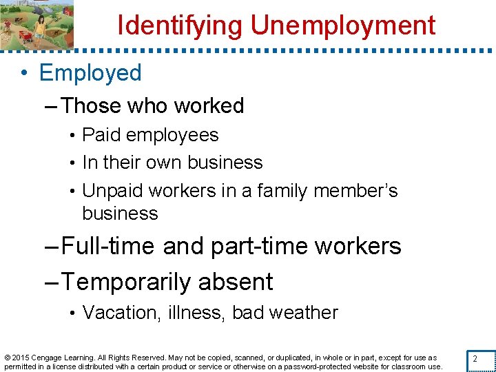 Identifying Unemployment • Employed – Those who worked • Paid employees • In their