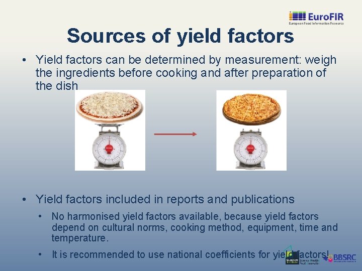 Sources of yield factors • Yield factors can be determined by measurement: weigh the