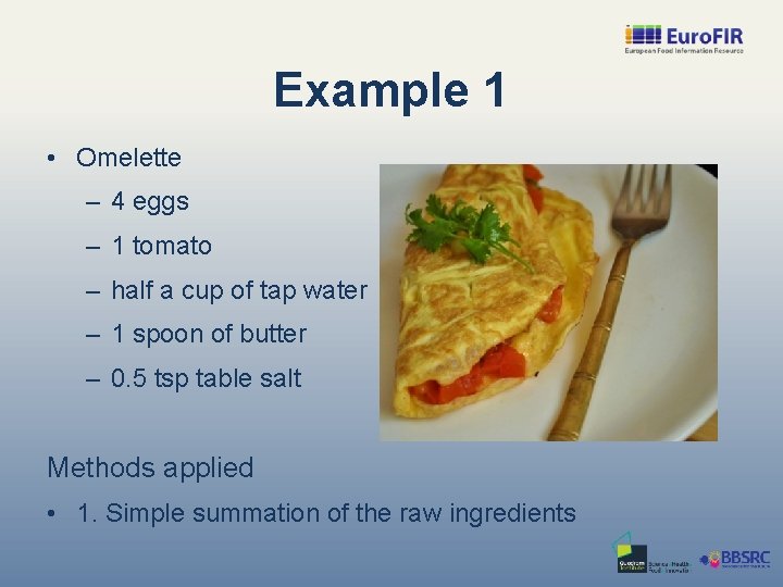 Example 1 • Omelette – 4 eggs – 1 tomato – half a cup