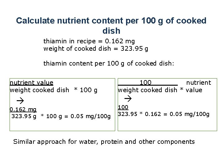 Calculate nutrient content per 100 g of cooked dish thiamin in recipe = 0.