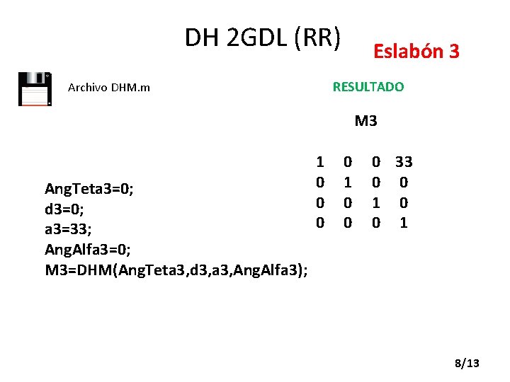 DH 2 GDL (RR) Eslabón 3 RESULTADO Archivo DHM. m M 3 Ang. Teta